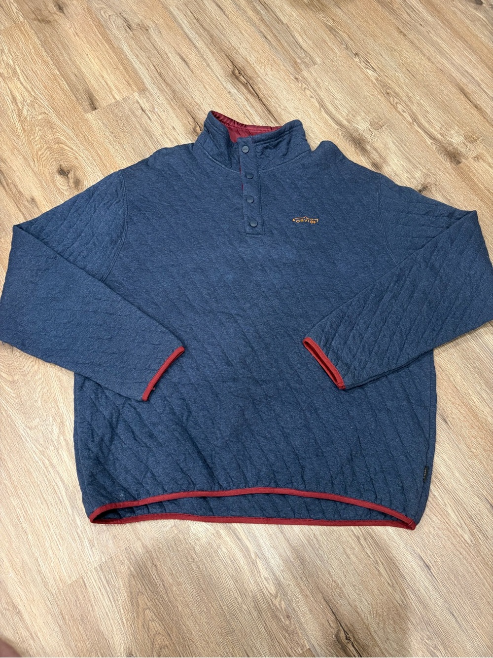 Orvis Navy Quilted Crewneck Sweater with Red Trim